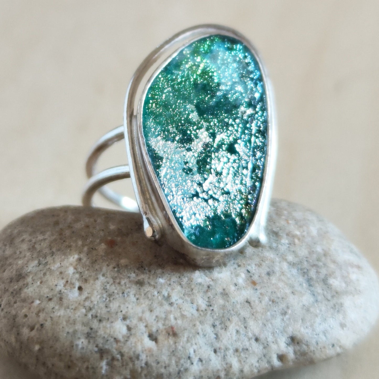 Ancient Glass Oval Ring, Natural Antique Roman Glass Adjustable Silver Ring, Green Blue Patina Glass ring, Statement Solitaire Ring