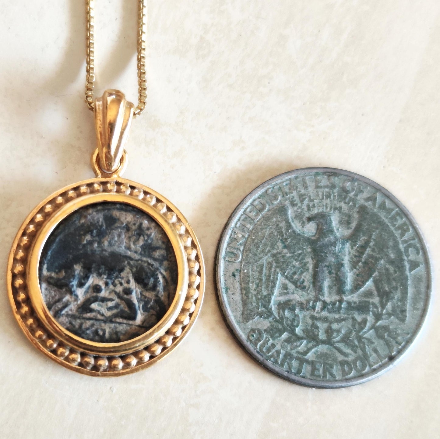 Roman Coin Of Romulus & Remus necklace, Ancient History Mythology Medallion, Women Pendant, Antique Constantine She wolf bronze coin