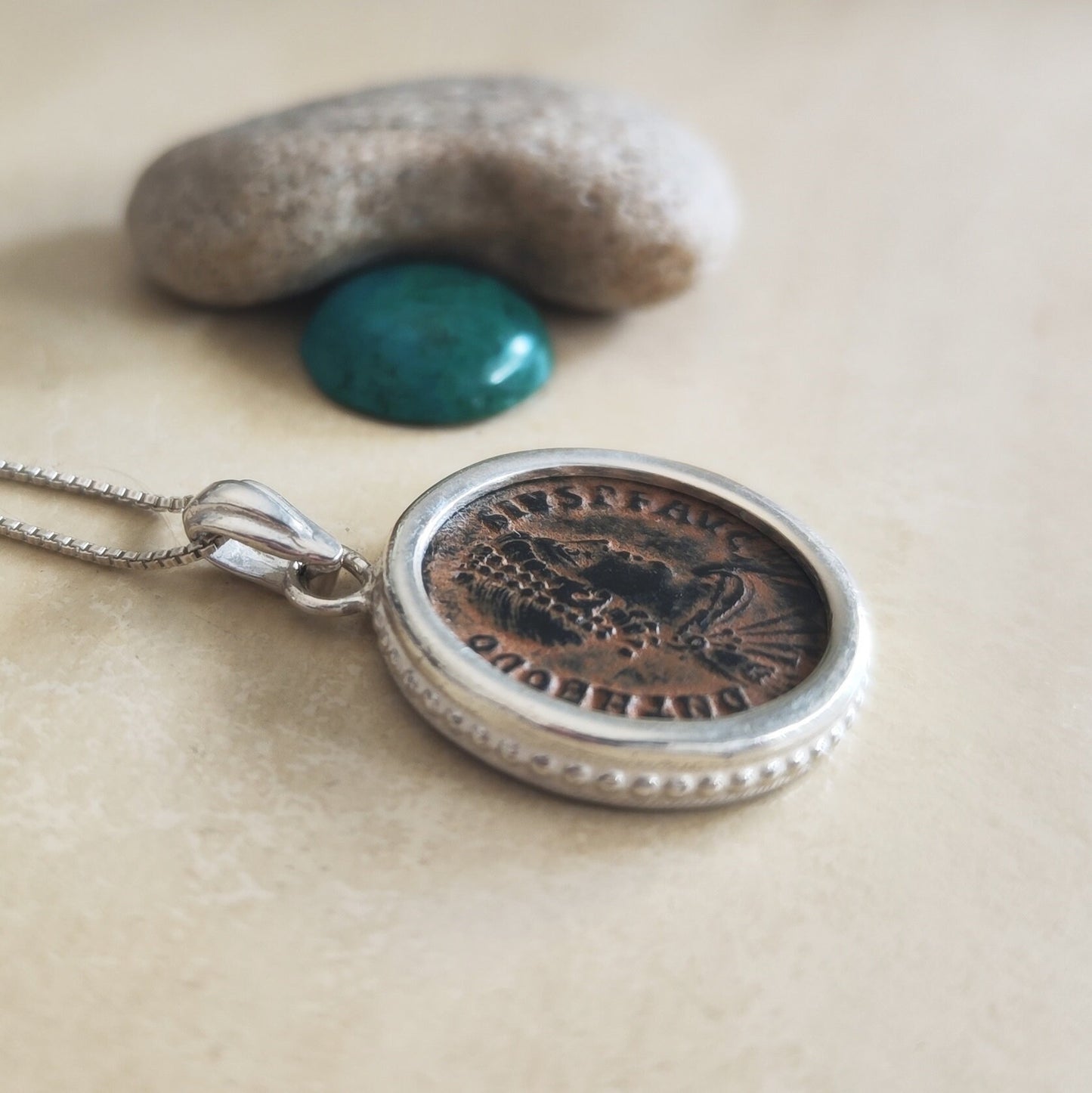 Roman Christian Emperor Theodosius Coin Silver Necklace, Ancient Coin Medallion Pendant, Holy Land History Jewelry