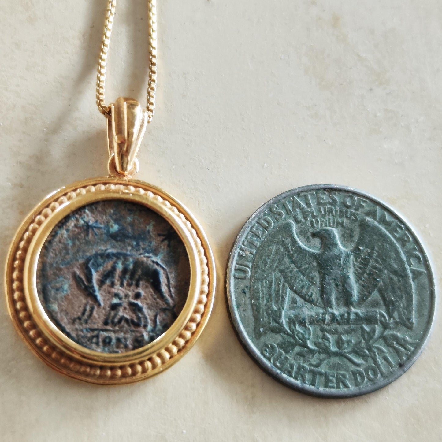 Antique Constantine She Wolf Bronze Coin Necklace, Ancient Roman Romulus & Remus coin, Vintage Gold Plated Coin Pendant, Medallion Jewelry