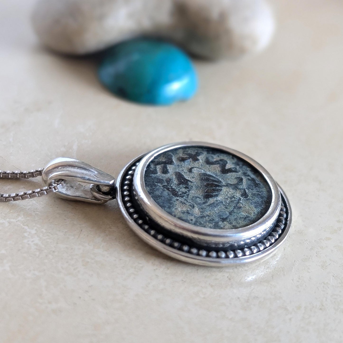 Antique Jewish Revolt Masada Coin Silver Necklace, Ancient Jerusalem Second Temple Bronze Prutah Pendant, Roman Amphora Grape Vine Medallion