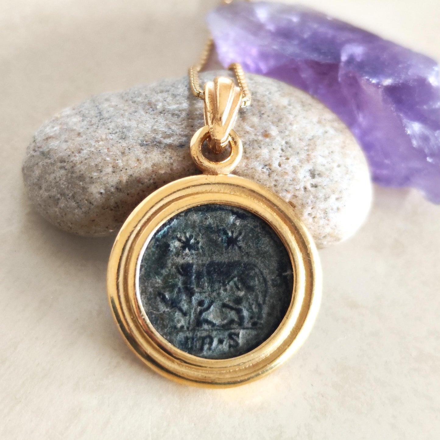 Antique Roman medallion Necklace, Gift for History Lover, Romulus & Remus with She wolf coin Charm