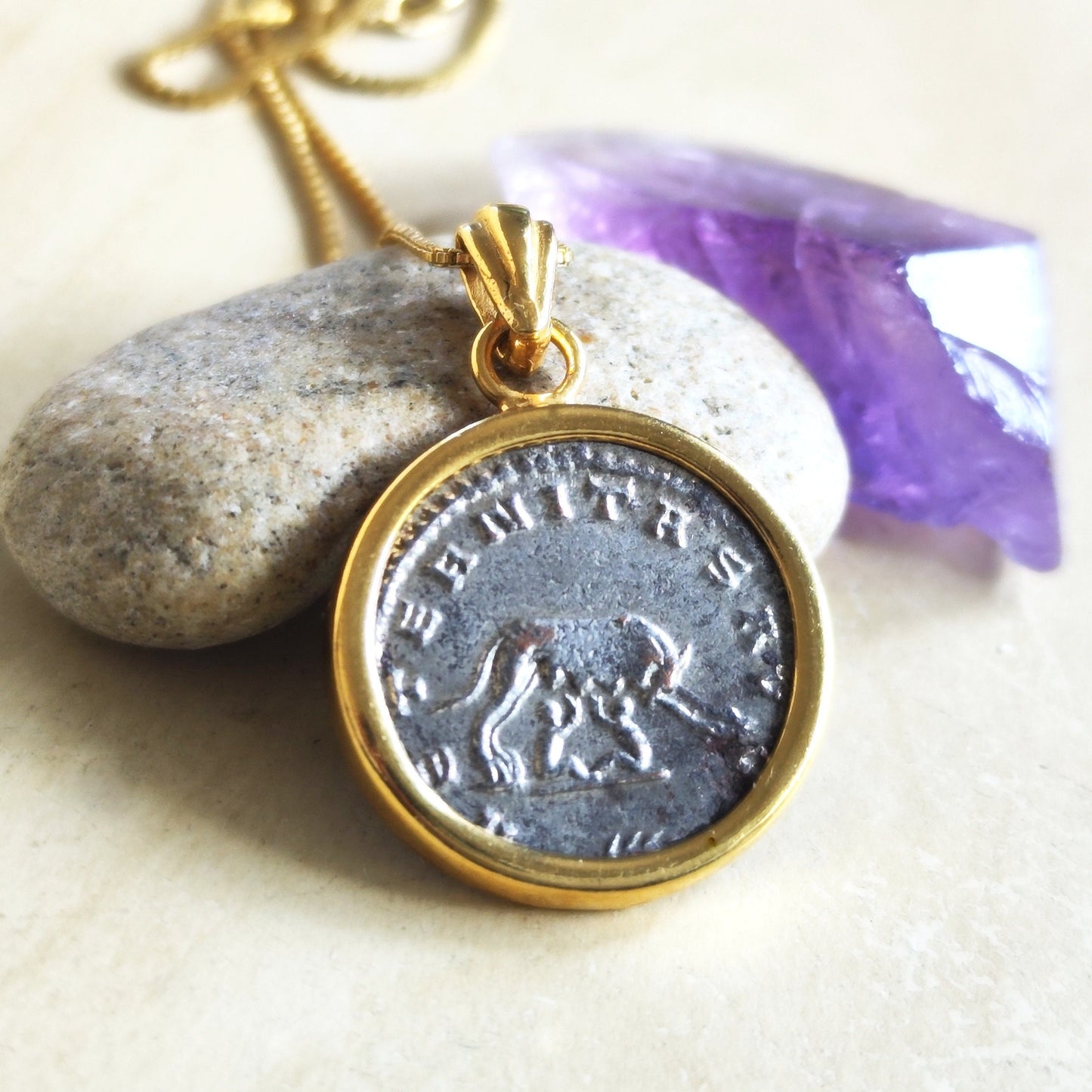 Antique Roman Romulus & Remus with She Wolf Coin Necklace, Ancient Emperor Gallienus coin Pendant , Vintage Gold Plated Medallion Jewelry