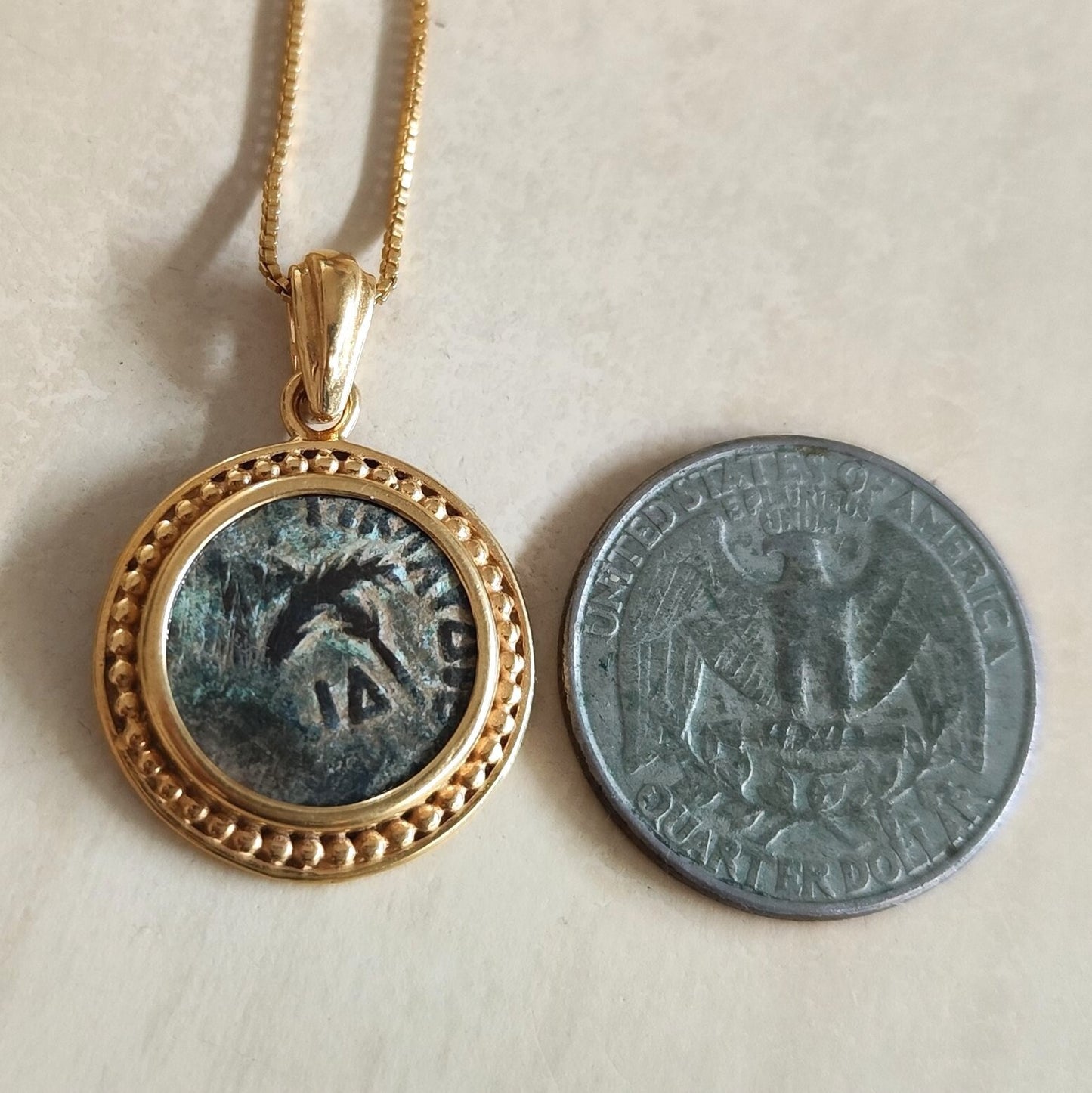 Authentic Roman coin gold plated necklace, Procurator Antonius Felix Emperor Claudius medallion, Antique Bronze Prutah, vintage men necklace