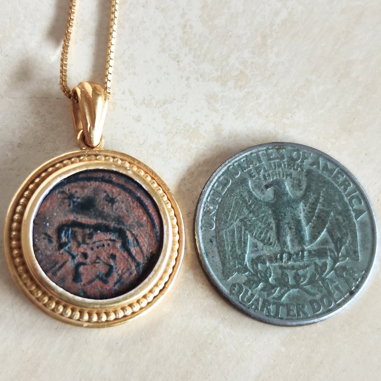 Romulus & Remus Coin Pendant, Genuine Roman Coin Necklace, Antique Coin Necklace, Vintage Gold Plated Pendant, Roman Art, Vintage Jewelry