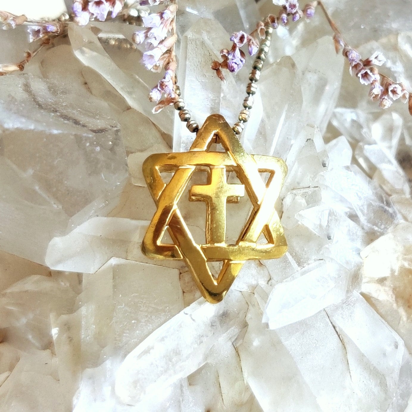 Star of David With Cross 3D necklace, Gold Plated Messianic Jewelry, Jewish Christian interfaith pendant