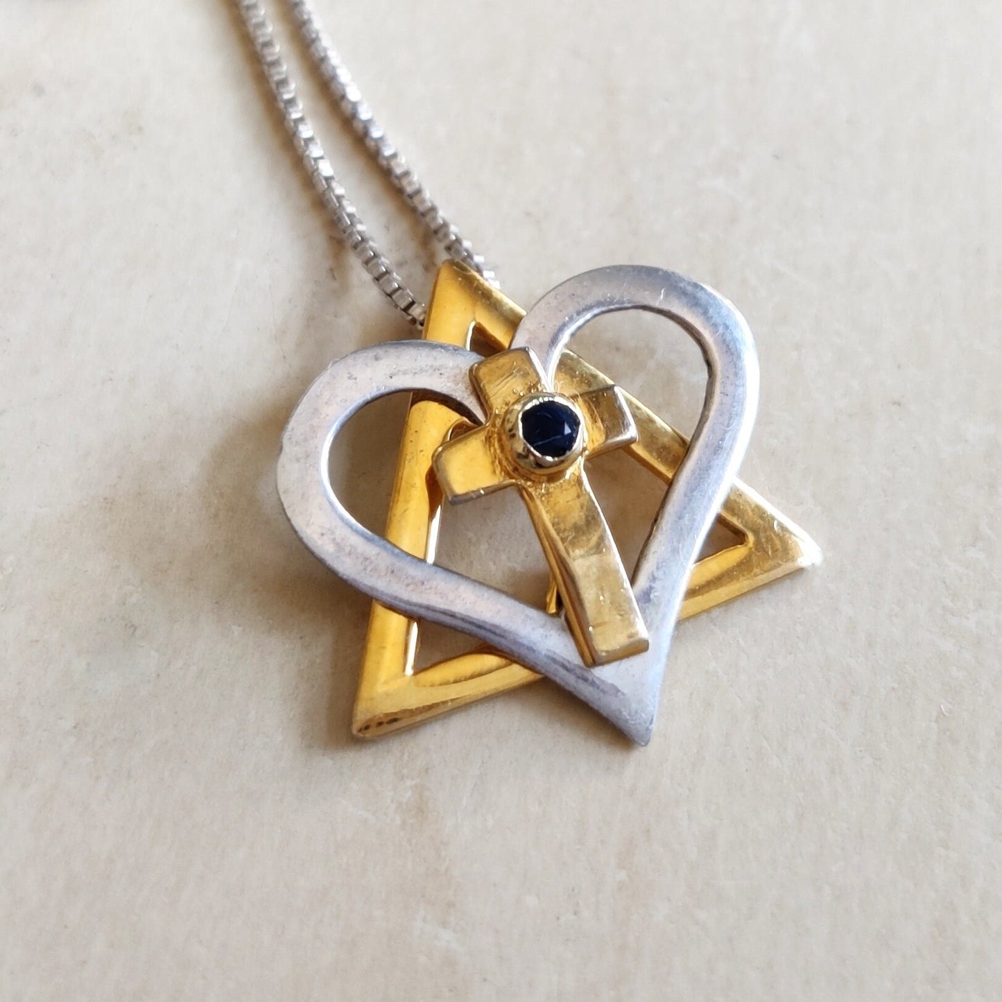 Silver and Gold Star of David cross necklace, interfaith Messianic Jewish Christian pendant, Blue Sapphire heart pendant, born again jewelry