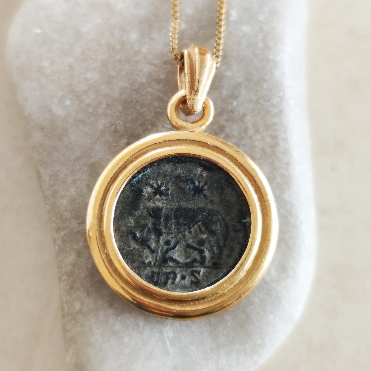 Antique Roman medallion Necklace, Gift for History Lover, Romulus & Remus with She wolf coin Charm