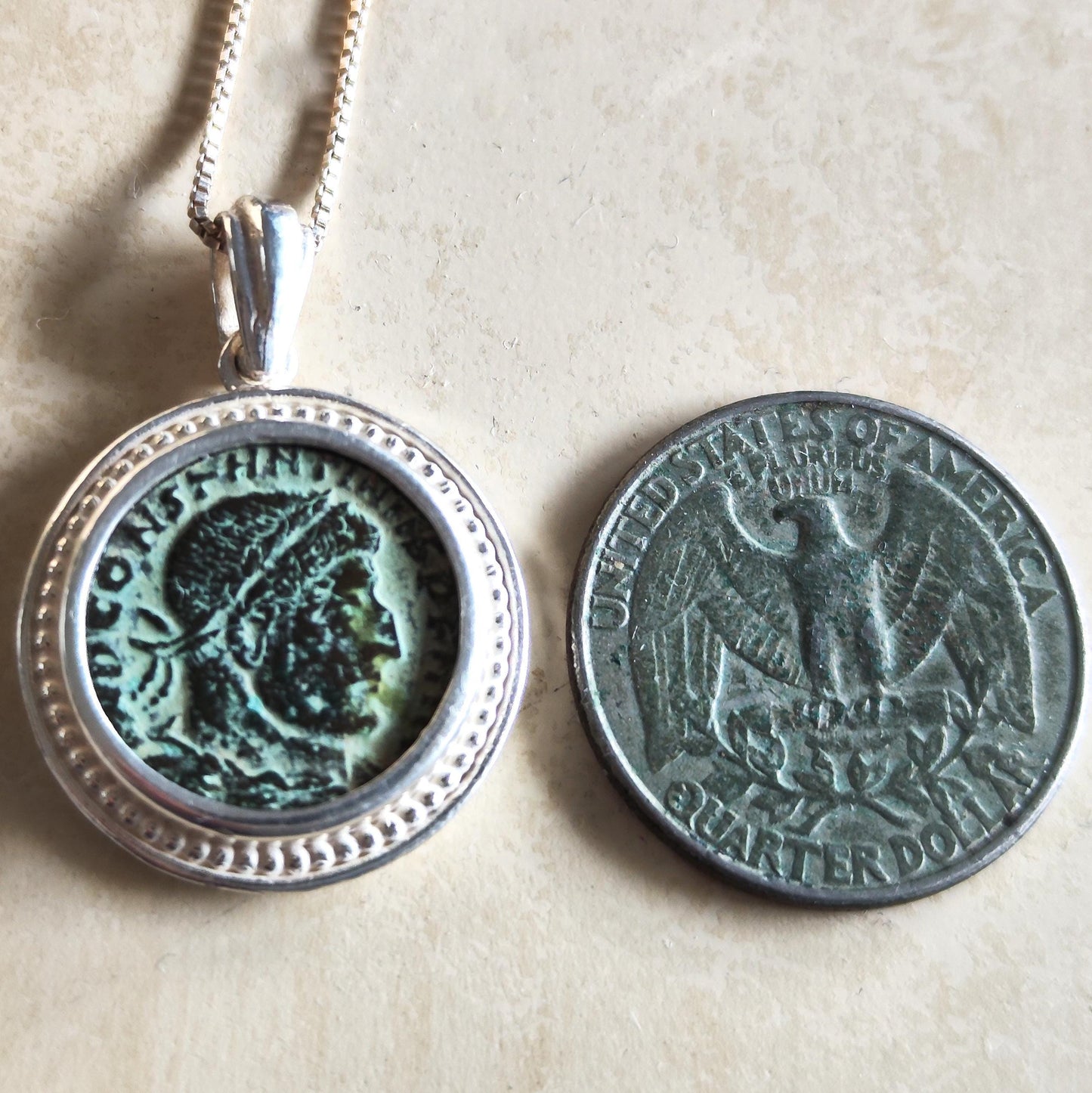 Roman Constantine the Great coin silver necklace, real ancient certified bronze coin pendant, men unisex gift idea, Antique vintage jewelry