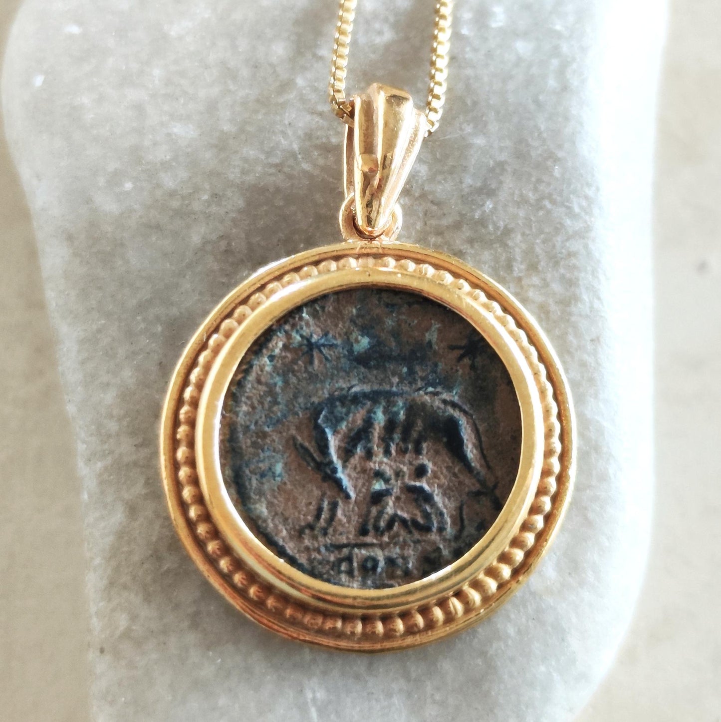 Antique Constantine She Wolf Bronze Coin Necklace, Ancient Roman Romulus & Remus coin, Vintage Gold Plated Coin Pendant, Medallion Jewelry