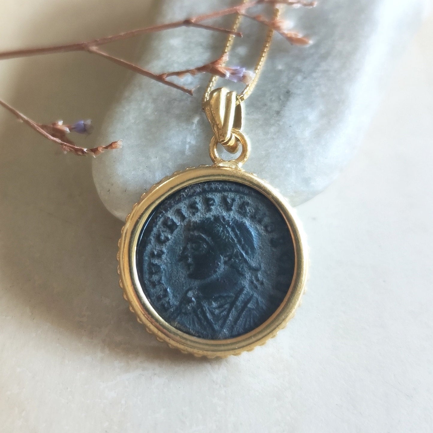 Certified Antique Roman Emperor Crispus Coin Necklace, Genuine Ancient Coin Gold Plated medallion, Women Coin Jewelry, Vintage Coin Pendant