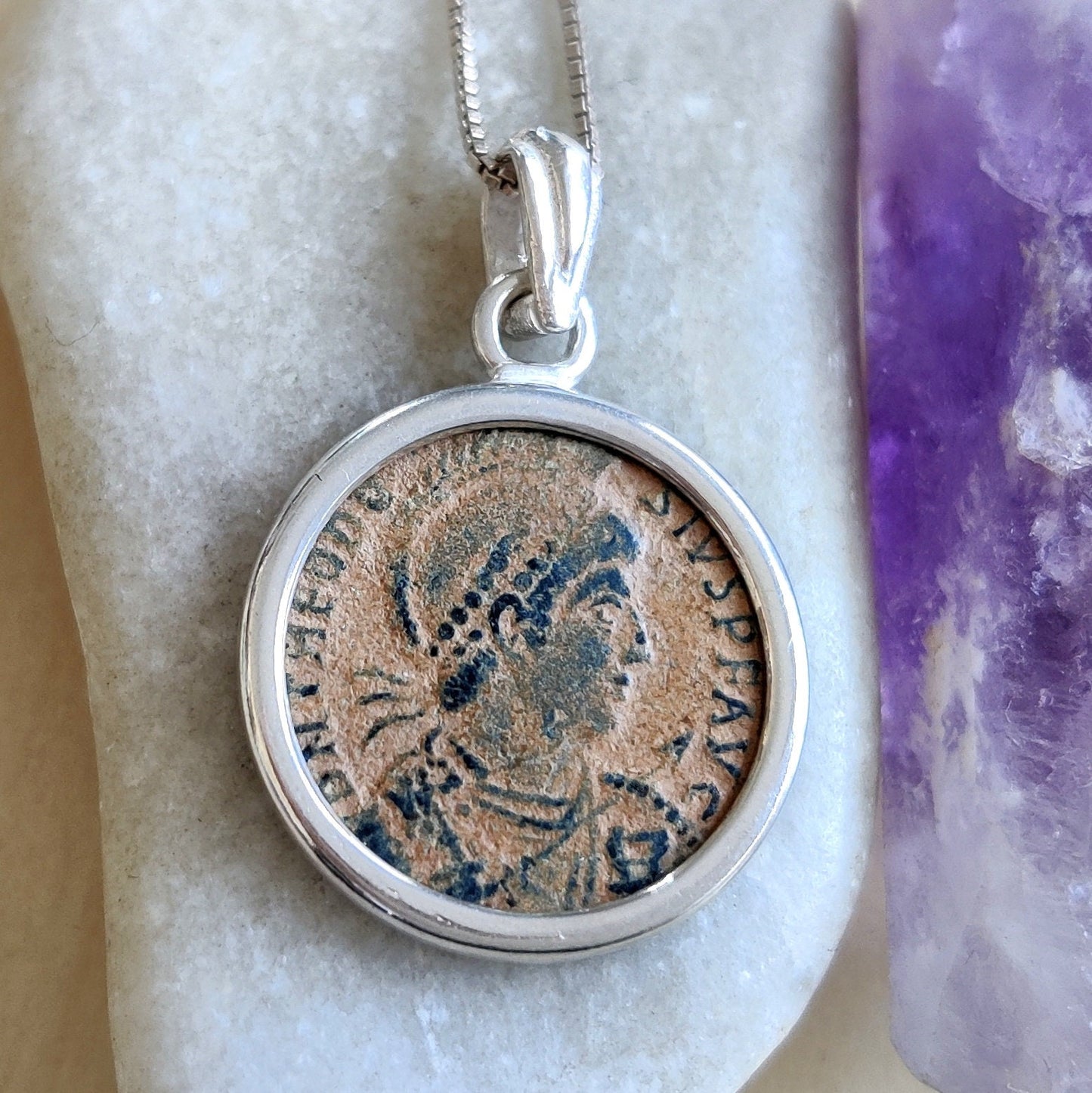 Roman Orthodox Coin Silver Necklace, Antique Theodosius bronze medallion, Authentic Christian Coin Charm, Vintage jewelry, History Buff gift