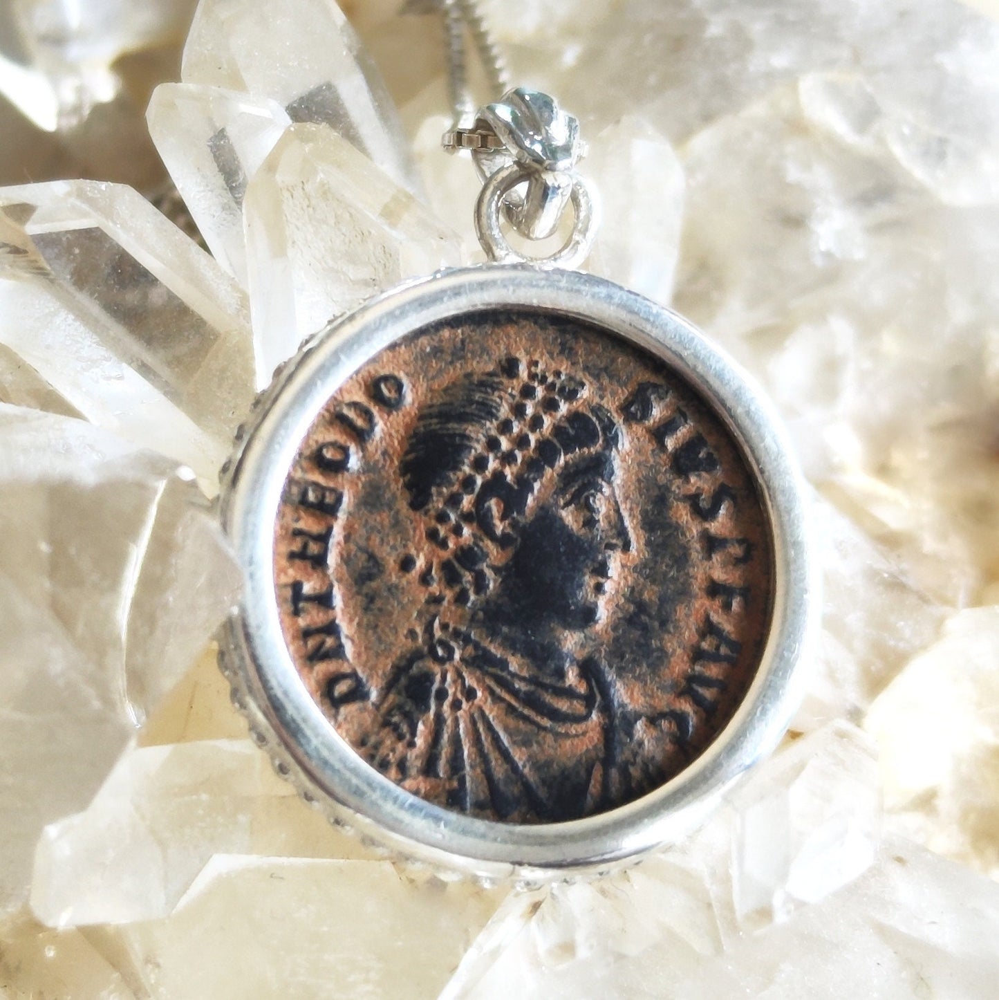 Roman Christian Emperor Theodosius Coin Silver Necklace, Ancient Coin Medallion Pendant, Holy Land History Jewelry