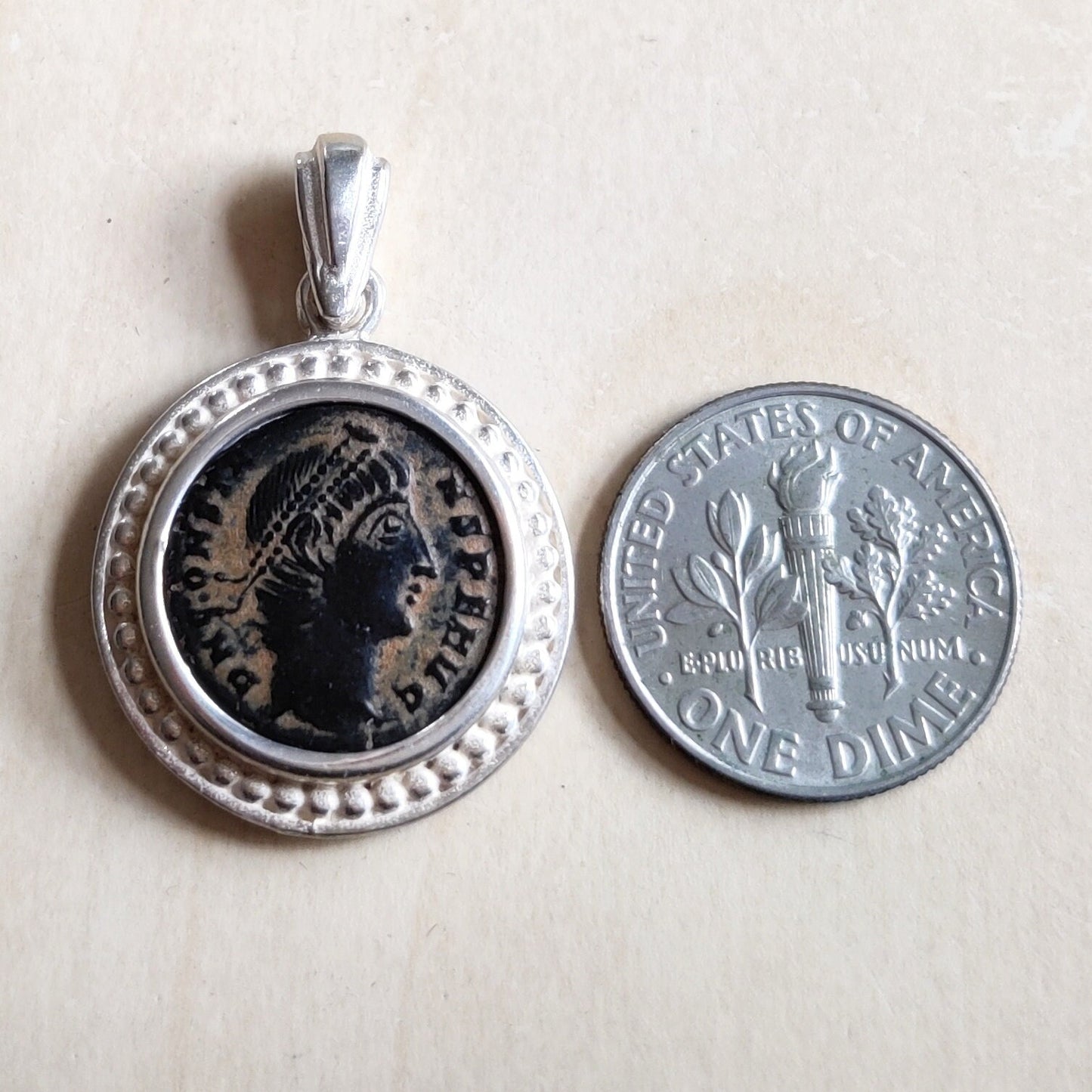Genuine certified Roman coin silver necklace, ancient bronze coin pendant, Emperor Constans medallion, vintage style men unisex gift