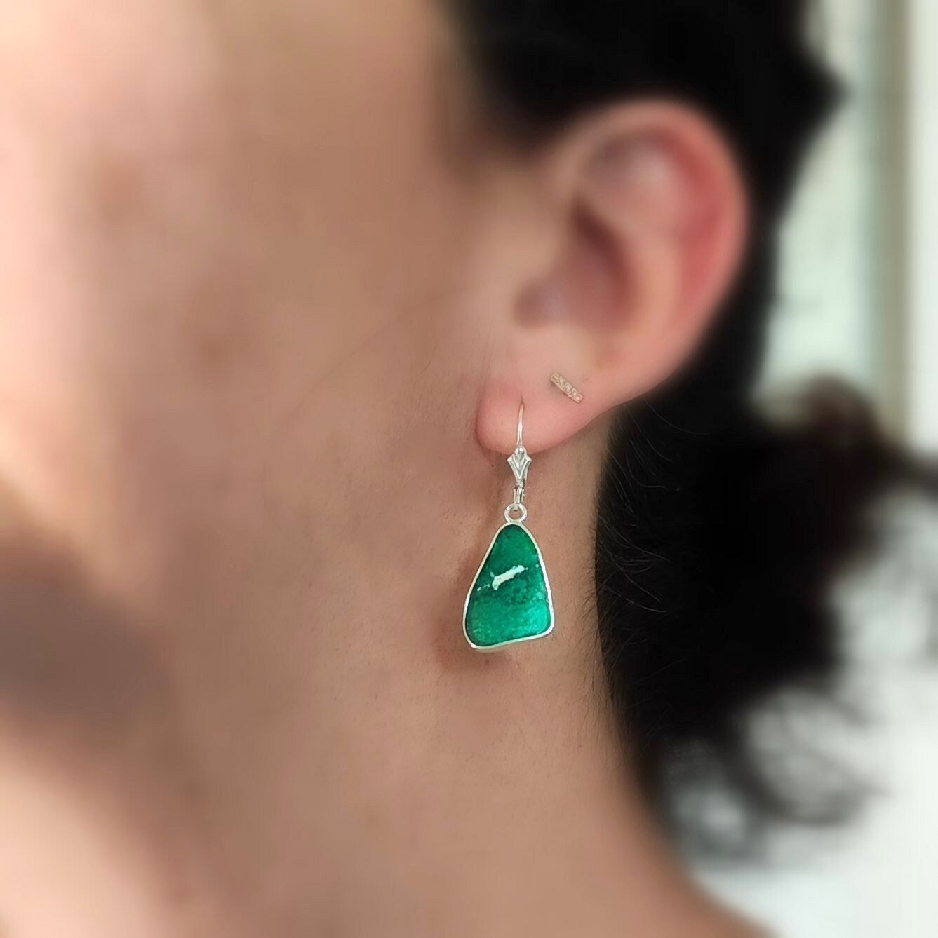 Ancient Roman Glass Earrings, Green Purple peacock Triangle Drop Earrings, Israeli jewelry, Silver Glass Dangle Earrings, Statement Earrings