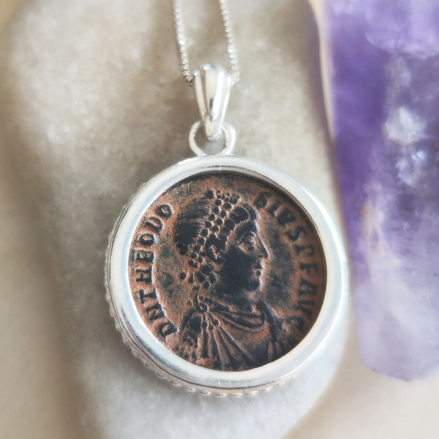 Roman Christian Emperor Theodosius Coin Silver Necklace, Ancient Coin Medallion Pendant, Holy Land History Jewelry