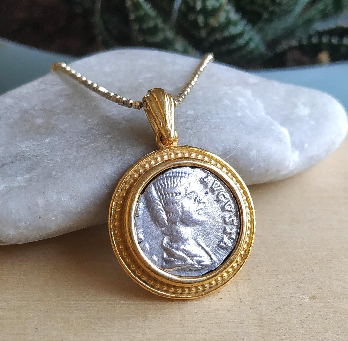 Silver Coin Necklace, Ancient Empress Julia Domna Coin Gold Plated Medallion, Women of the Roman empire Pendant, vintage style Gift for Her
