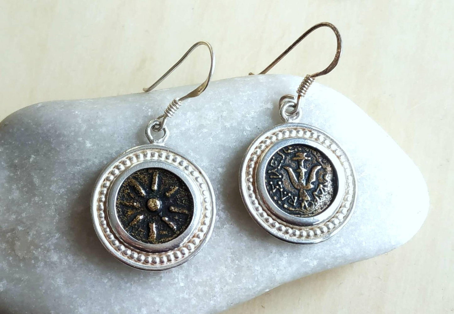 widow's mite coin silver earrings, ancient replica coin dangle earrings, christian gift idea, judean roman jewelry, bible verse jesus charm