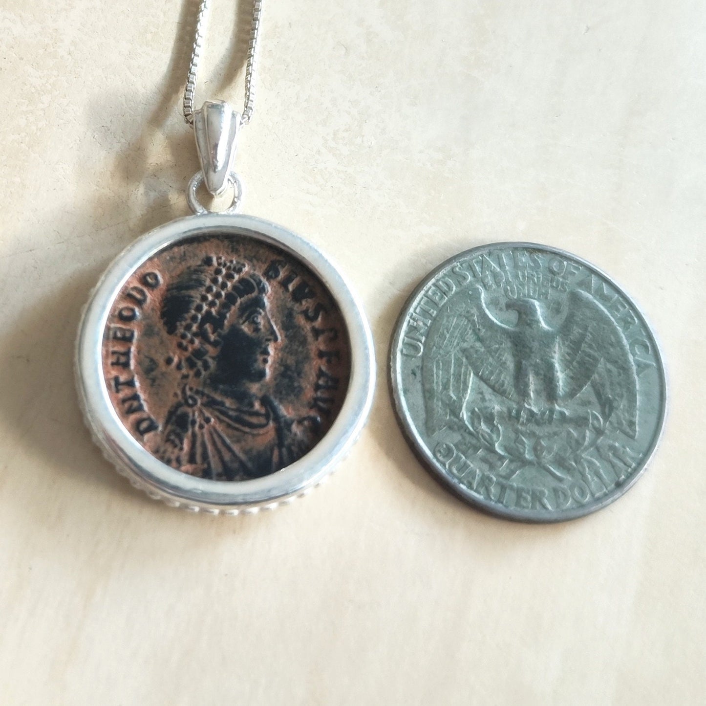 Roman Christian Emperor Theodosius Coin Silver Necklace, Ancient Coin Medallion Pendant, Holy Land History Jewelry