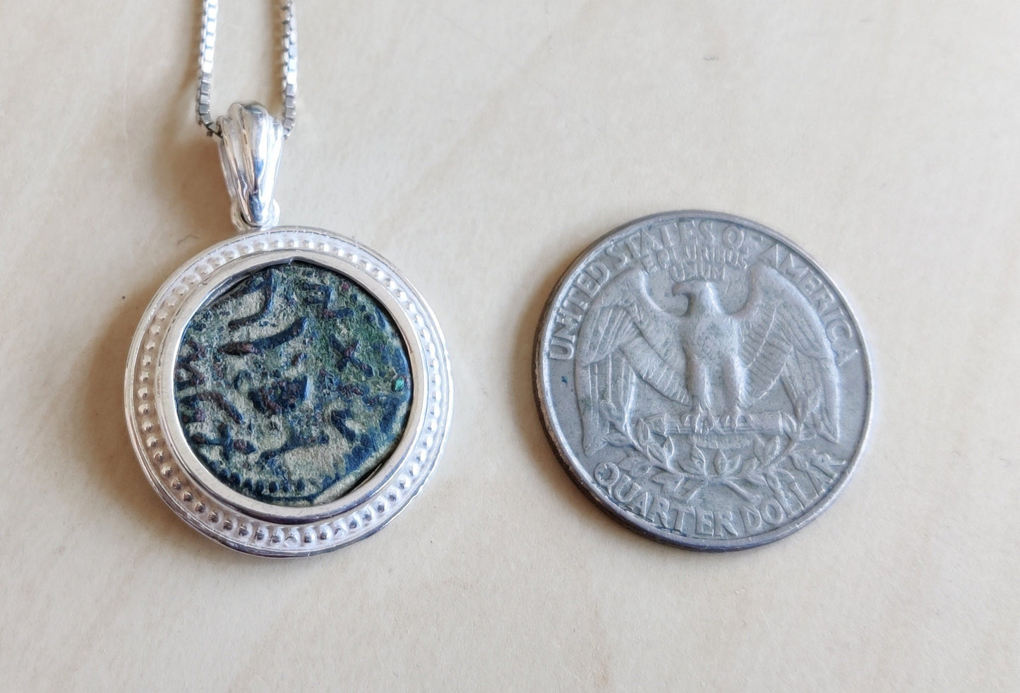 First Jewish war bronze Prutah necklace, Ancient Masada Revolt Coin Silver pendant, Jerusalem second temple coin, roman amphora medallion