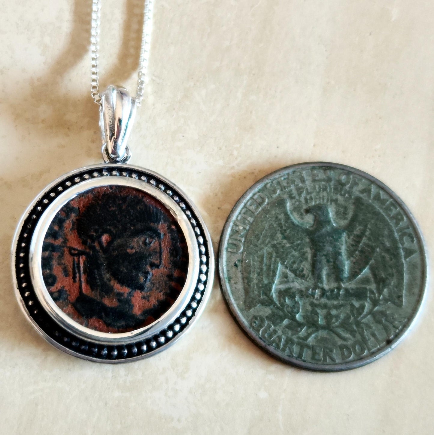 Antique Constantine the Great Coin Silver Necklace, Ancient Roman Coin Pendant
