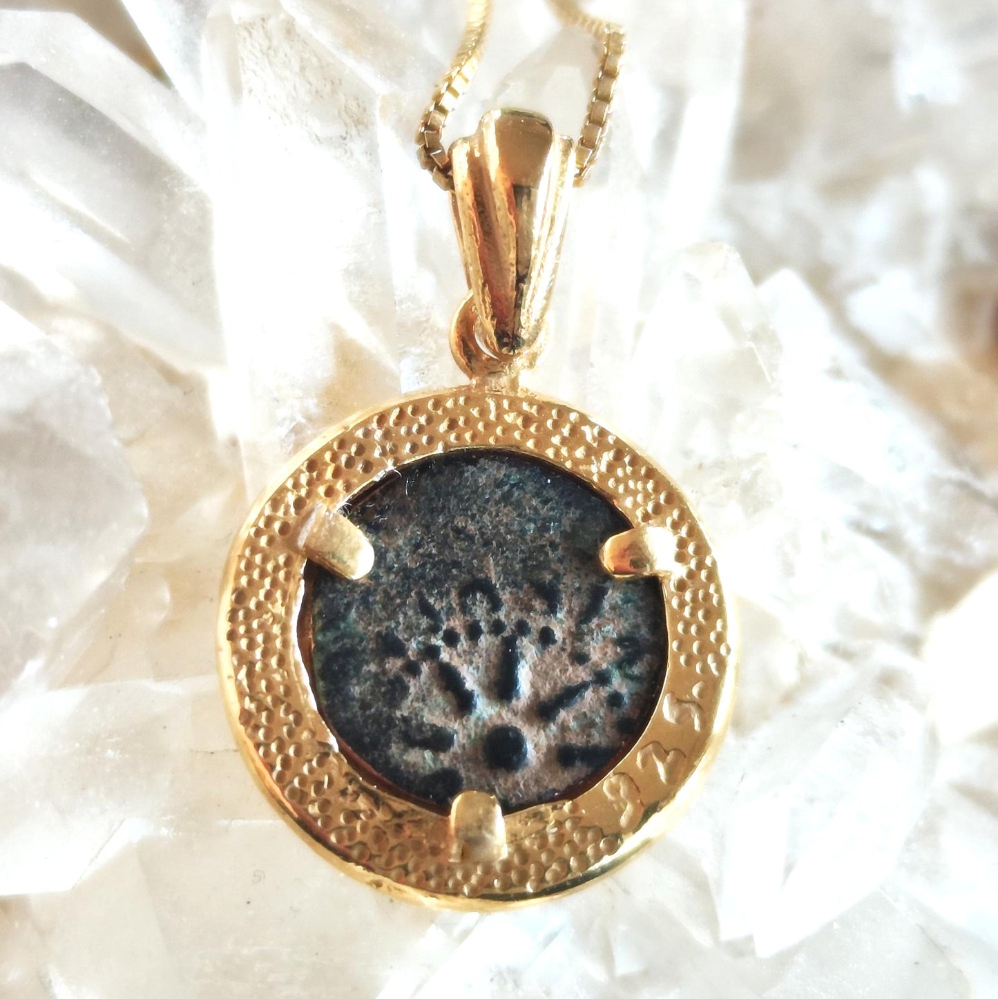 Antique widow's mite coin necklace, Biblical Coin Medallion, Ancient Judea bronze Prutah, Christian Jesus jewelry