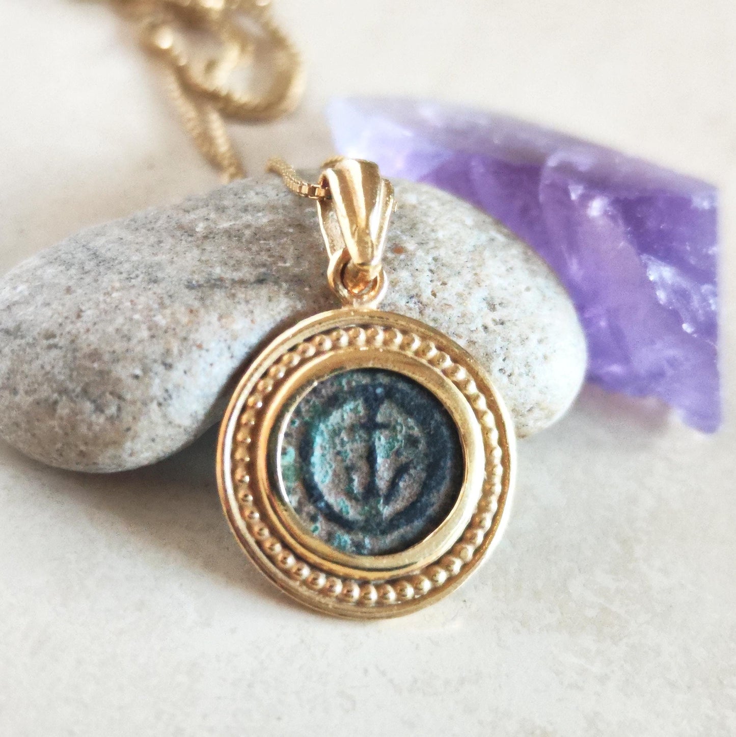 Antique widow's mite coin necklace, Biblical Coin Medallion, Ancient Judea bronze Prutah, Christian Jesus jewelry