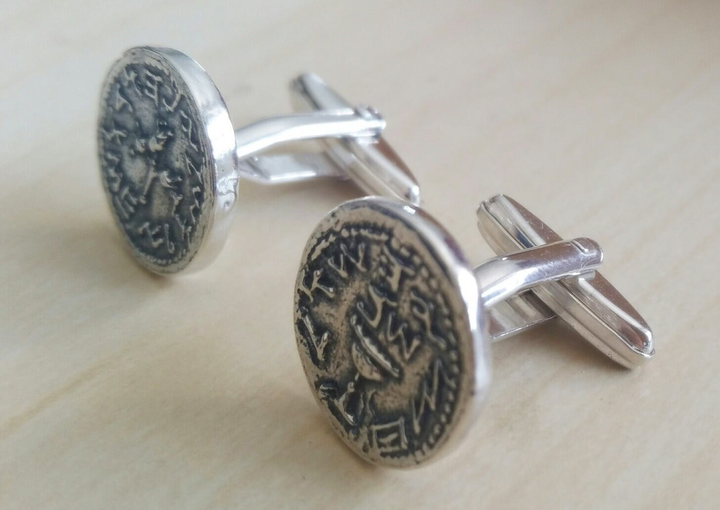 Ancient coin cufflinks, silver half shekel temple tribute coin, Jewish revolt Judea coin replica cufflinks, men's gift idea, Israeli jewelry