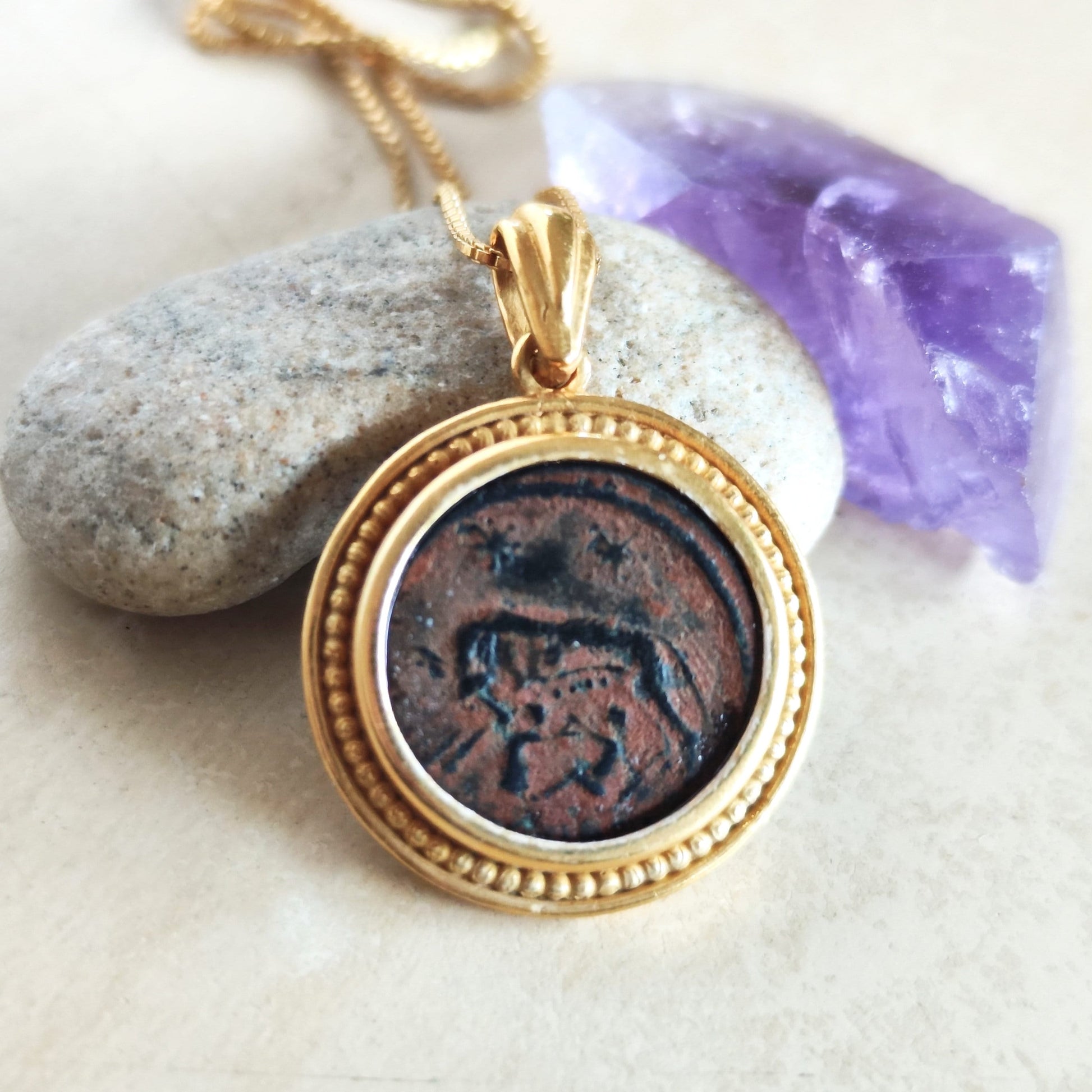 Romulus & Remus Coin Pendant: Genuine Roman Bronze, Gold Plated Sterling Silver Barr Designs