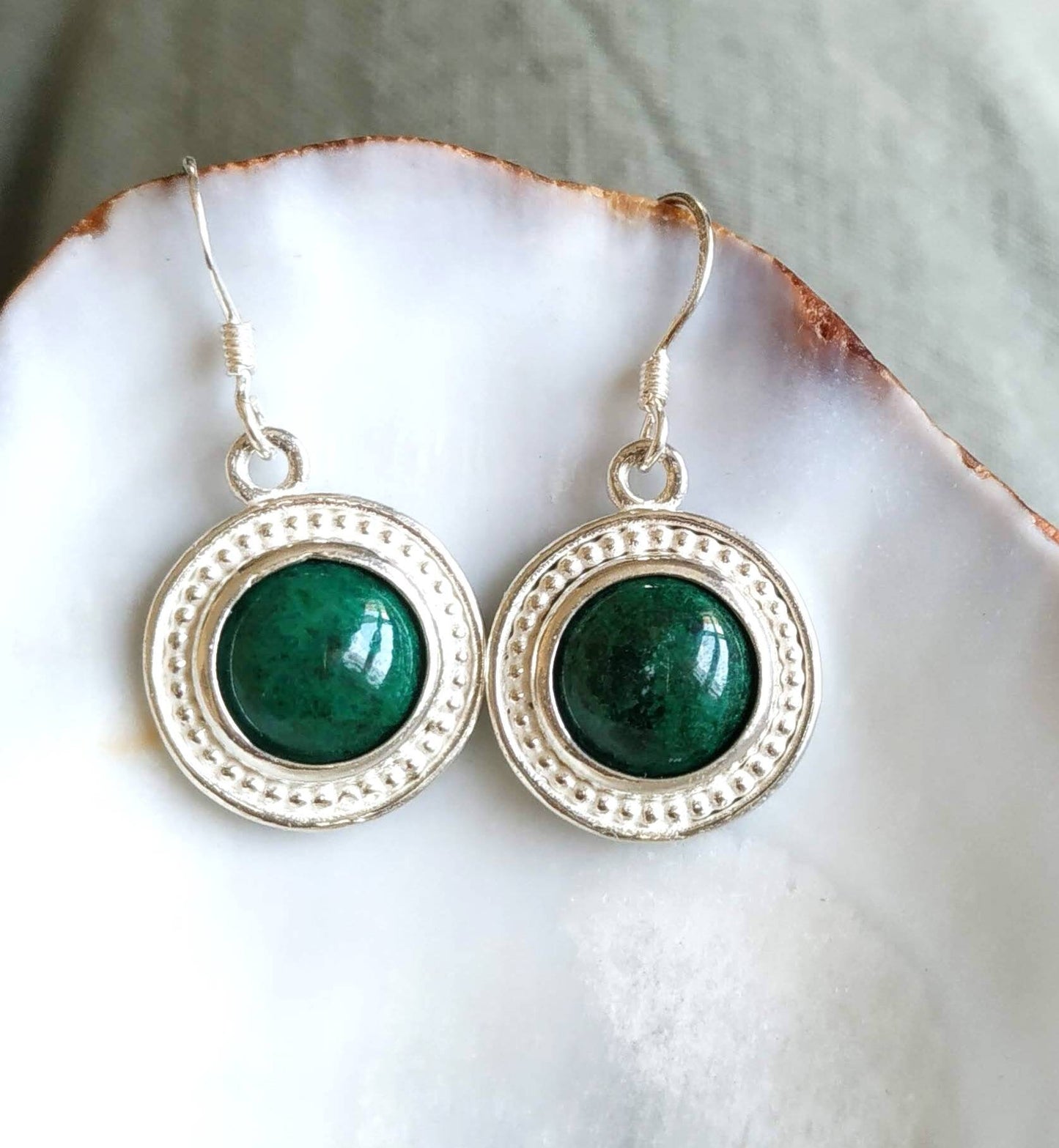 Eilat Stone Silver dangle Earrings, Green gemstone Earrings, King Solomon mine stone minerals, Israeli jewelry, Malachite round Earrings