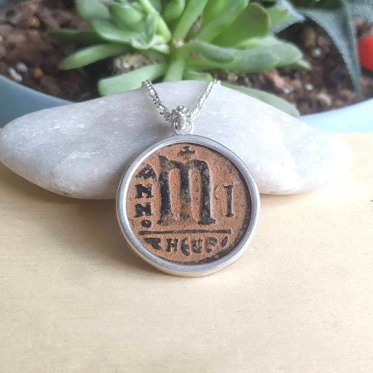 Antique Eastern Roman Byzantine Coin Necklace, Large Silver Coin medallion, initial letter M Statement Pendant, History Lover Jewelry gift