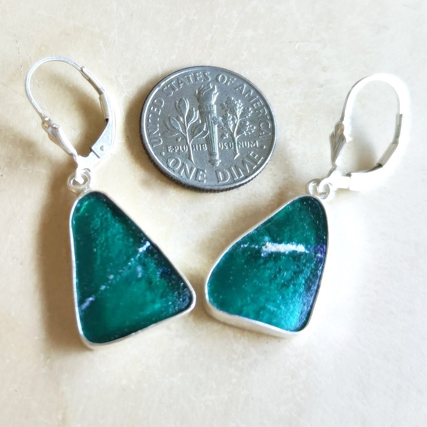 Ancient Roman Glass Earrings, Green Purple peacock Triangle Drop Earrings, Israeli jewelry, Silver Glass Dangle Earrings, Statement Earrings