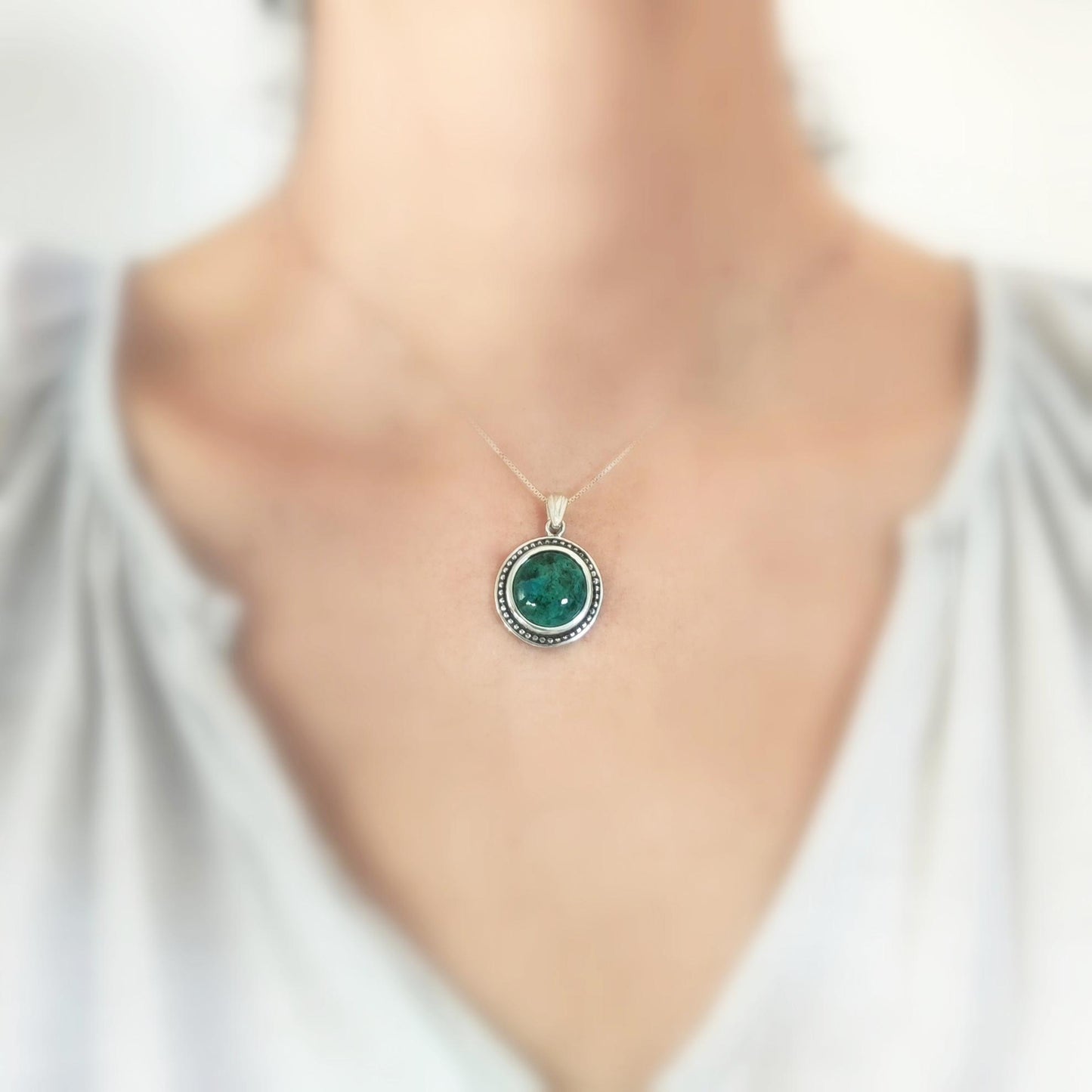 Multicolor Eilat Stone Silver Pendant, Turquoise Green gemstone jewelry, Round cabochon Blue necklace, Israeli jewelry, King Solomon Stone