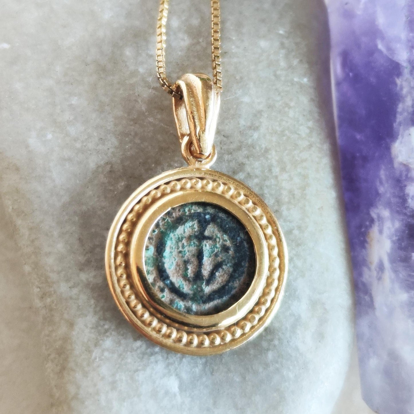 Antique widow's mite coin necklace, Biblical Coin Medallion, Ancient Judea bronze Prutah, Christian Jesus jewelry