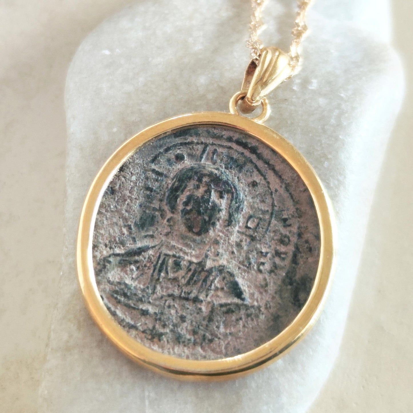 Jesus Christ Coin Pendant: Antique Byzantine Bronze Follis, Gold Plated Medallion Barr Designs