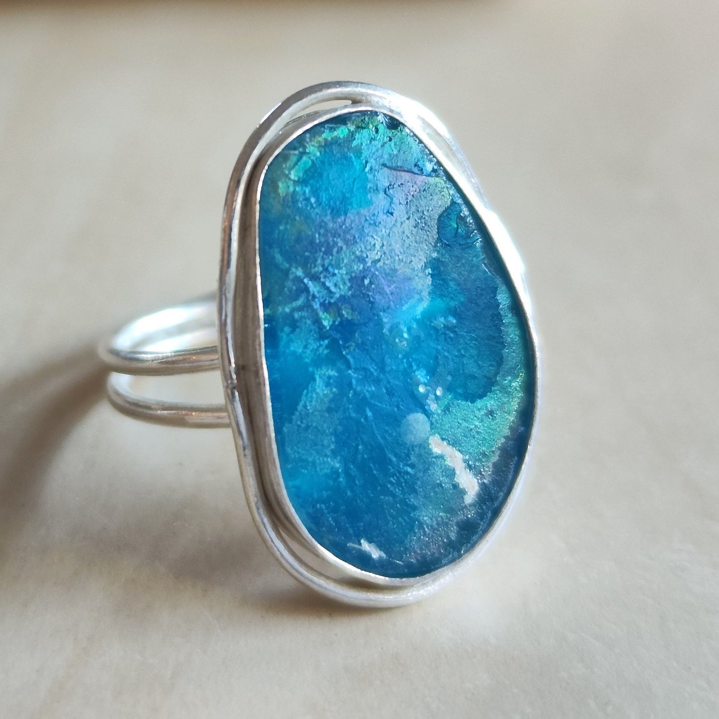 Ancient Glass Solitaire Ring, Natural Antique Roman Glass Adjustable Silver Ring, Blue Purple Patina Glass ring, Statement Solitaire Ring