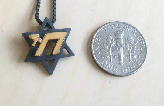 Star of David Chai Necklace, Two Tone Oxidized Silver Gold Jewish Pendant, Hebrew Gift Barr Designs