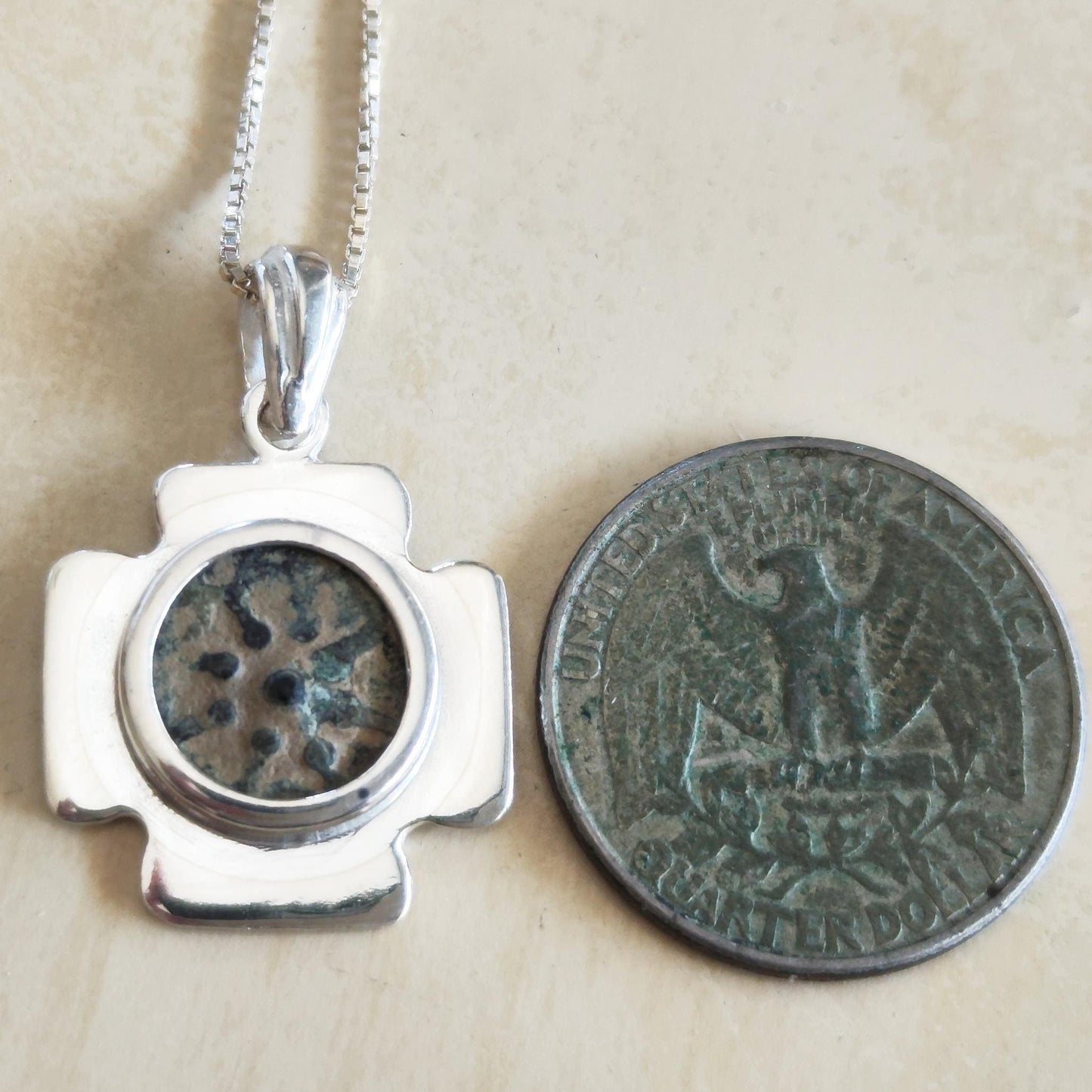 Jerusalem Cross Pendant set with antique Widow's Mite Coin, Sterling Silver Barr Designs