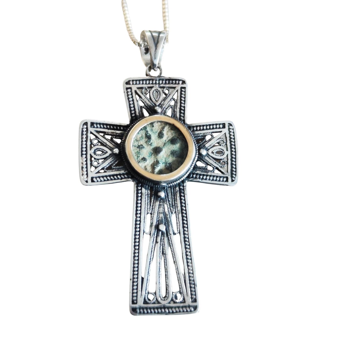 Widow Mite Coin Filigree Cross Silver Pendant, Vintage Style Large Christian Necklace, Antique Jesus Coin Gift