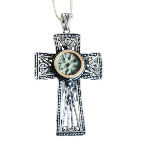 Widow Mite Coin Filigree Cross Silver Pendant, Vintage Style Large Christian Necklace, Antique Jesus Coin Gift