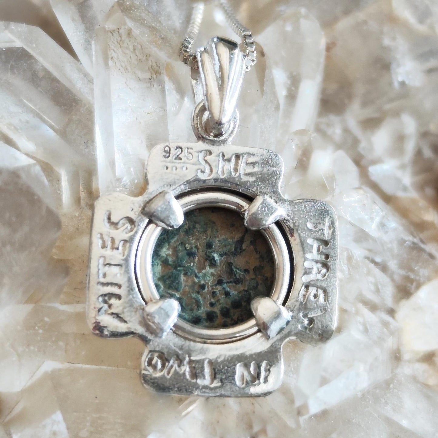 Jerusalem Cross Pendant set with antique Widow's Mite Coin, Sterling Silver Barr Designs