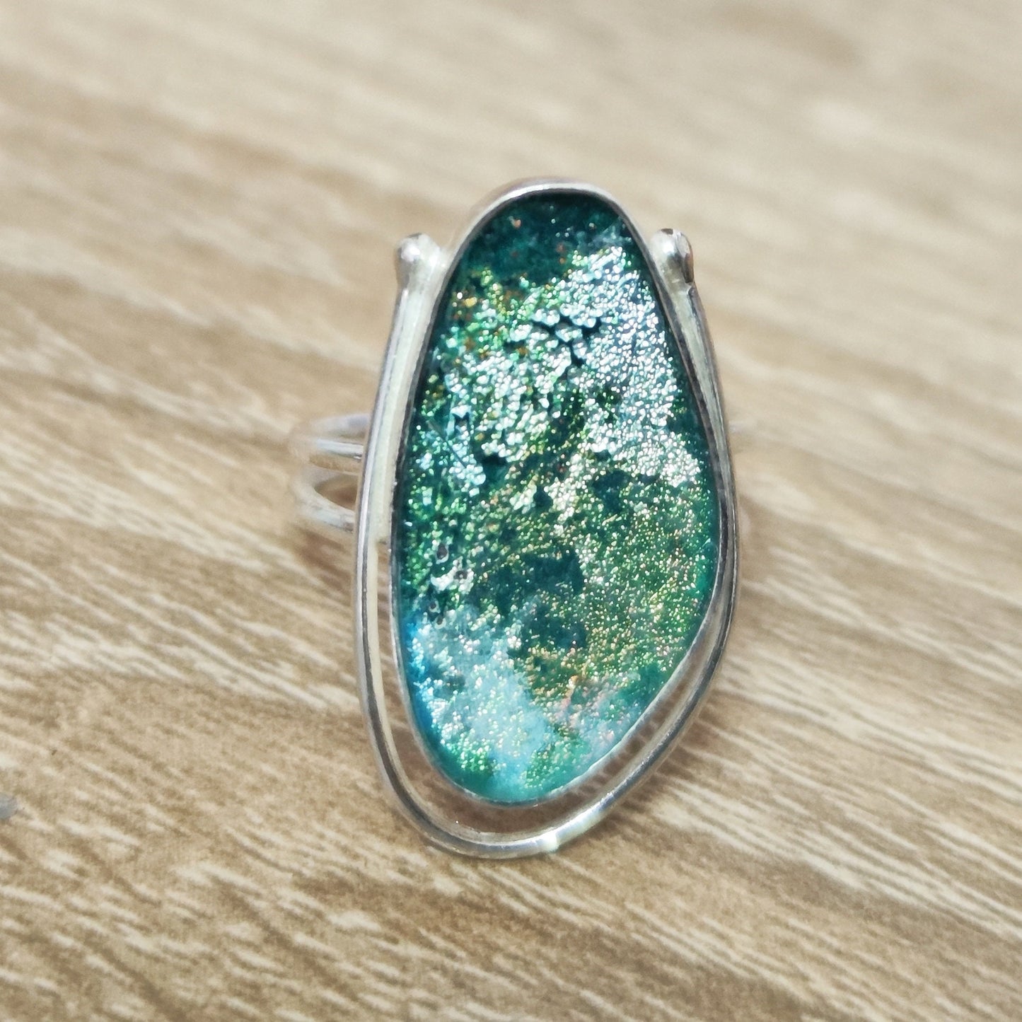 Ancient Glass Oval Ring, Natural Antique Roman Glass Adjustable Silver Ring, Green Blue Patina Glass ring, Statement Solitaire Ring