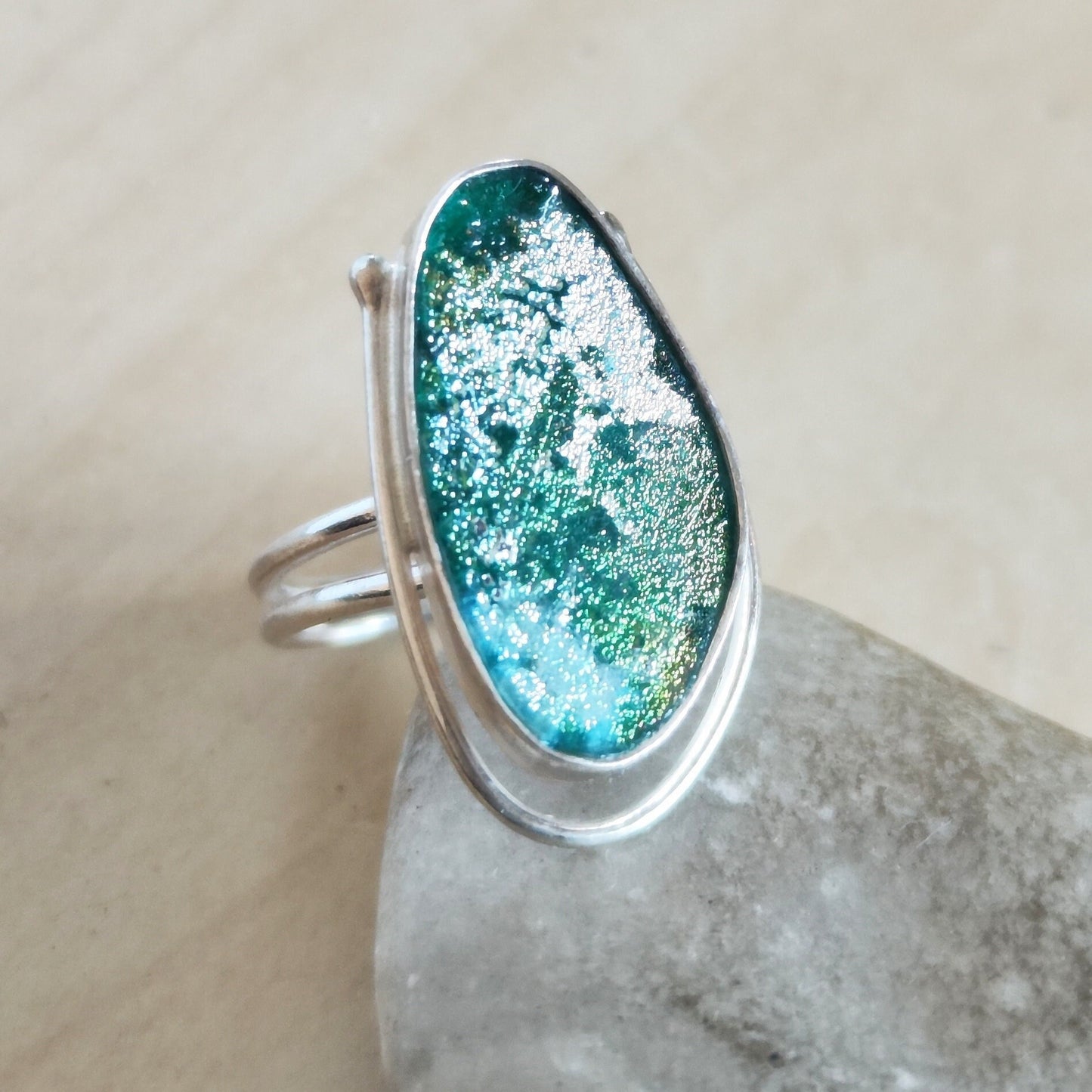 Ancient Glass Oval Ring, Natural Antique Roman Glass Adjustable Silver Ring, Green Blue Patina Glass ring, Statement Solitaire Ring