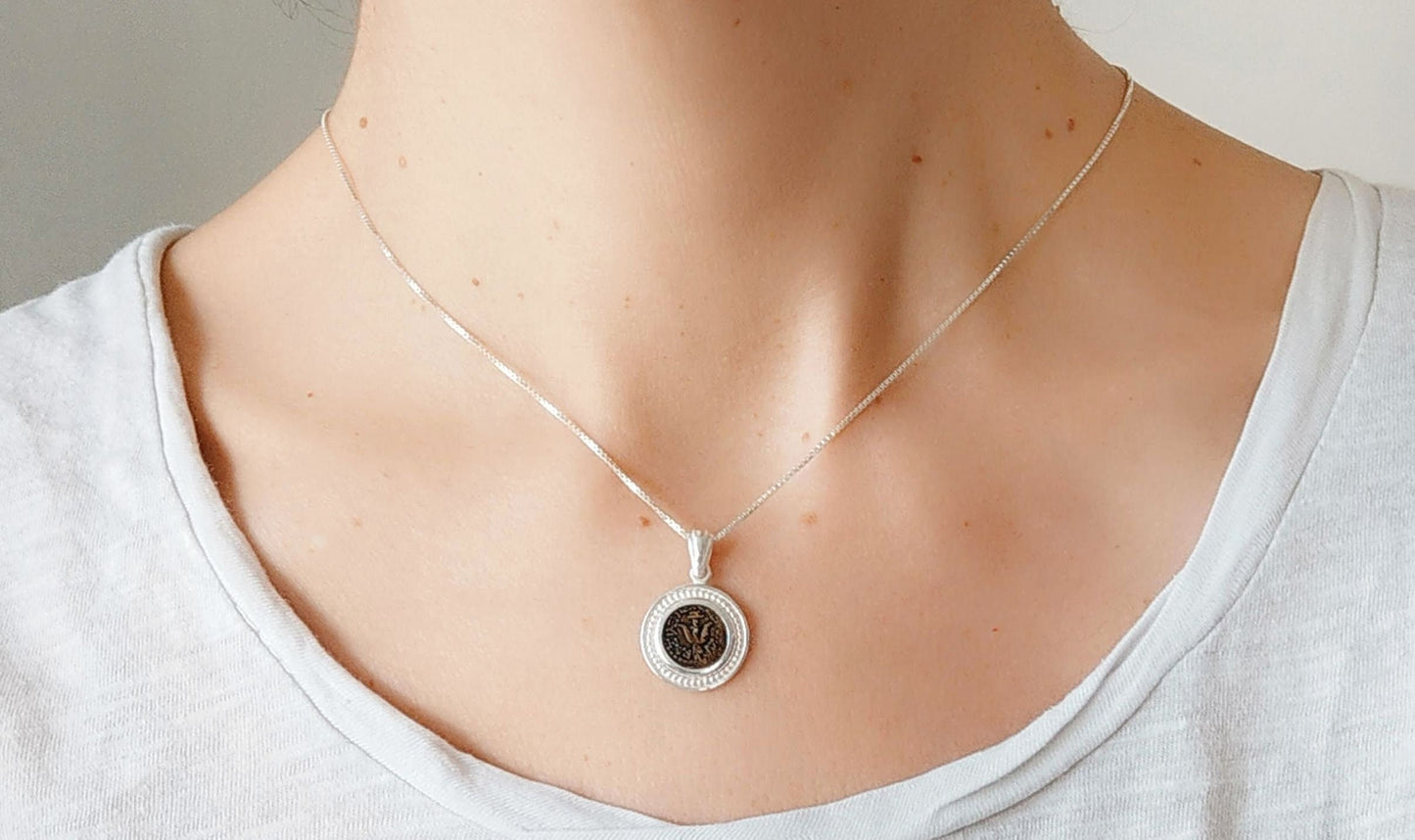 Widow's Mite Coin Replica Necklace, ancient coin silver pendant, Christian Biblical jewelry, Unisex Christmas gift Idea, Coin Charm