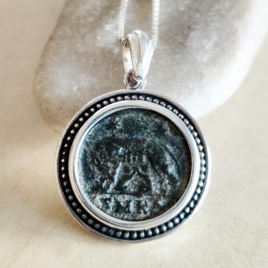 Authentic Roman Romulus & Remus coin necklace, Ancient history Silver medallion, unisex jewelry, antique Constantine She wolf bronze coin