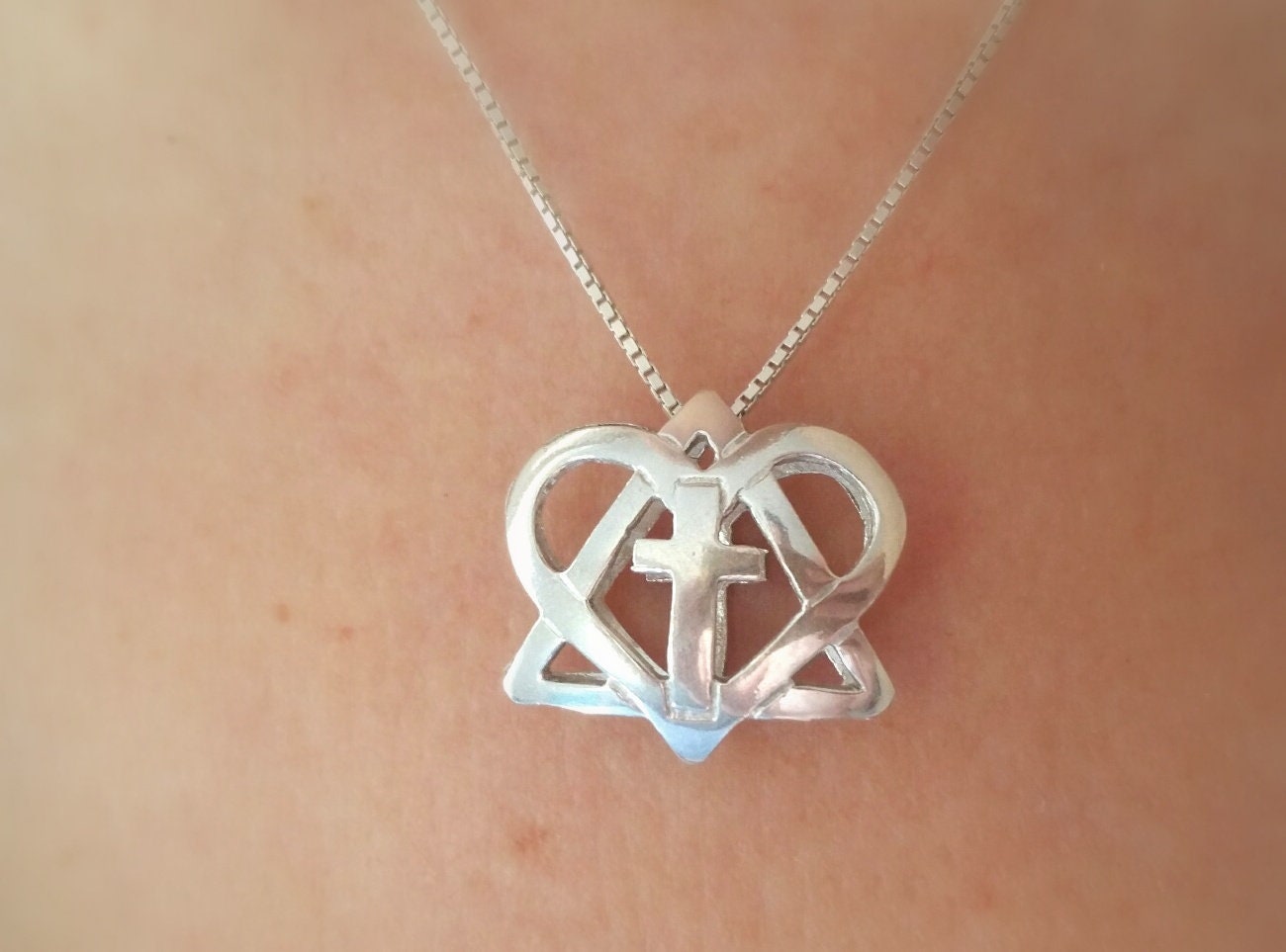 Silver messianic necklace, Star of David and Cross pendant, 3D jewelry, Heart jewelry, jewish christian messianic interfaith necklace