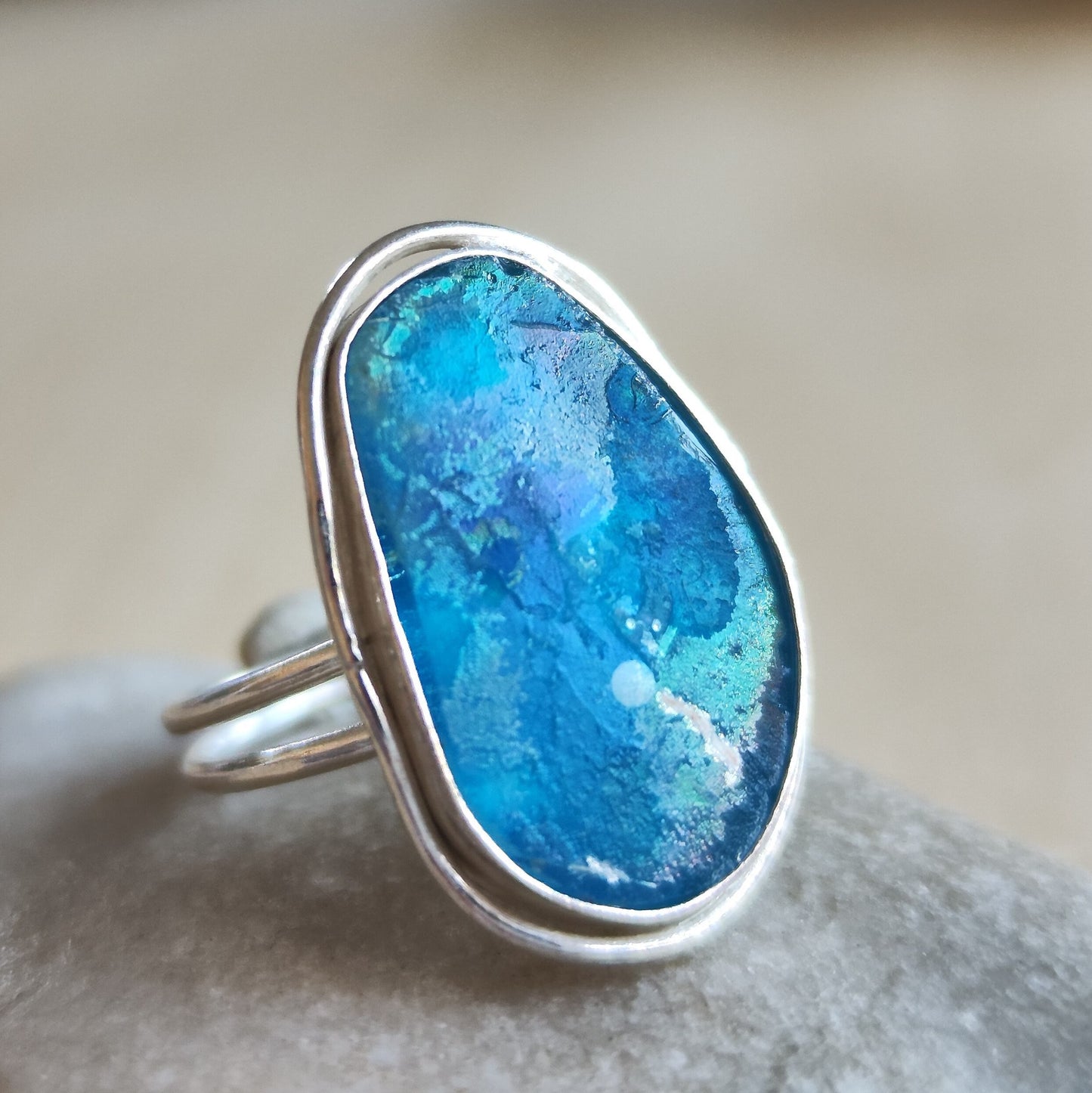 Ancient Glass Solitaire Ring, Natural Antique Roman Glass Adjustable Silver Ring, Blue Purple Patina Glass ring, Statement Solitaire Ring