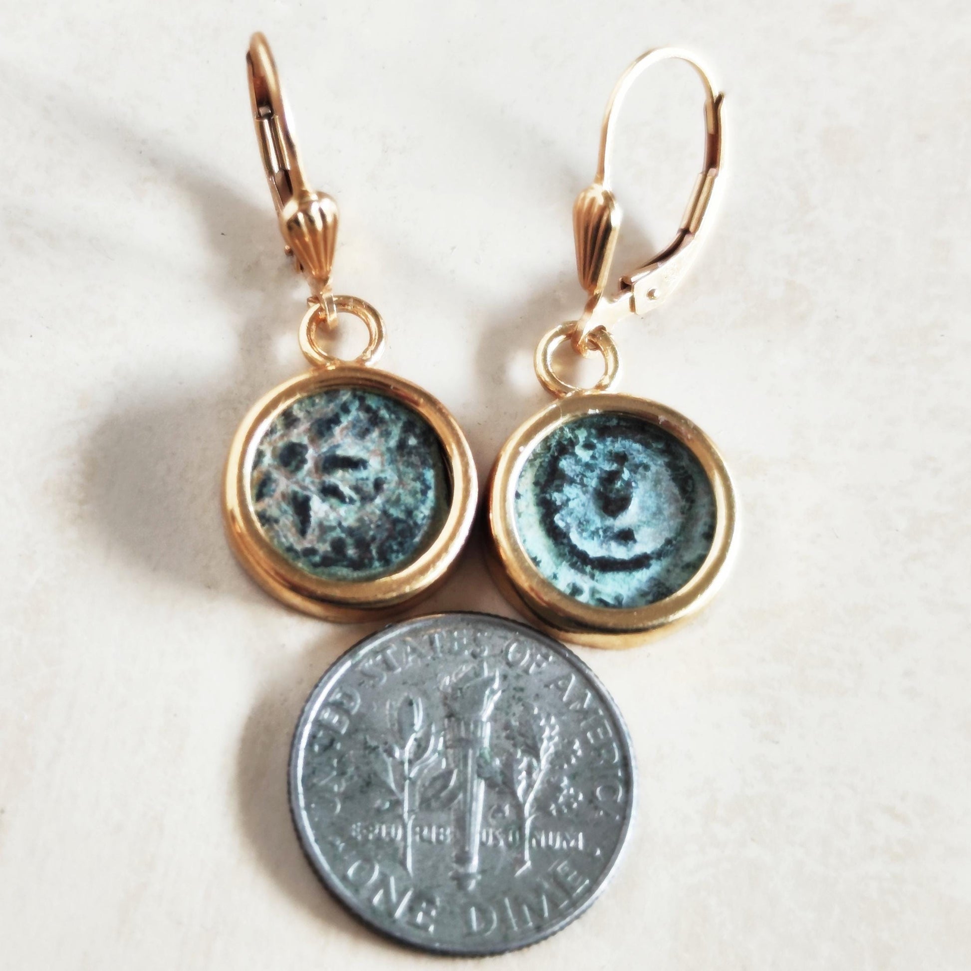Ancient Biblical Coin Dangle Earrings: New Testament Widow's Mite set in 18K Gold Plated Sterling Silver Barr Designs