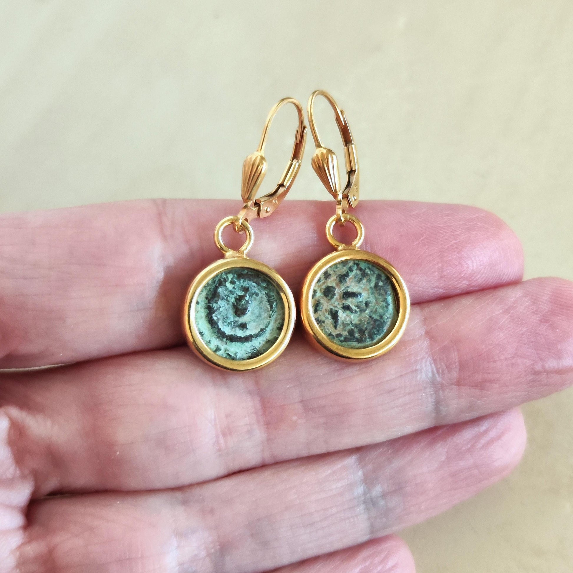 Ancient Biblical Coin Dangle Earrings: New Testament Widow's Mite set in 18K Gold Plated Sterling Silver Barr Designs