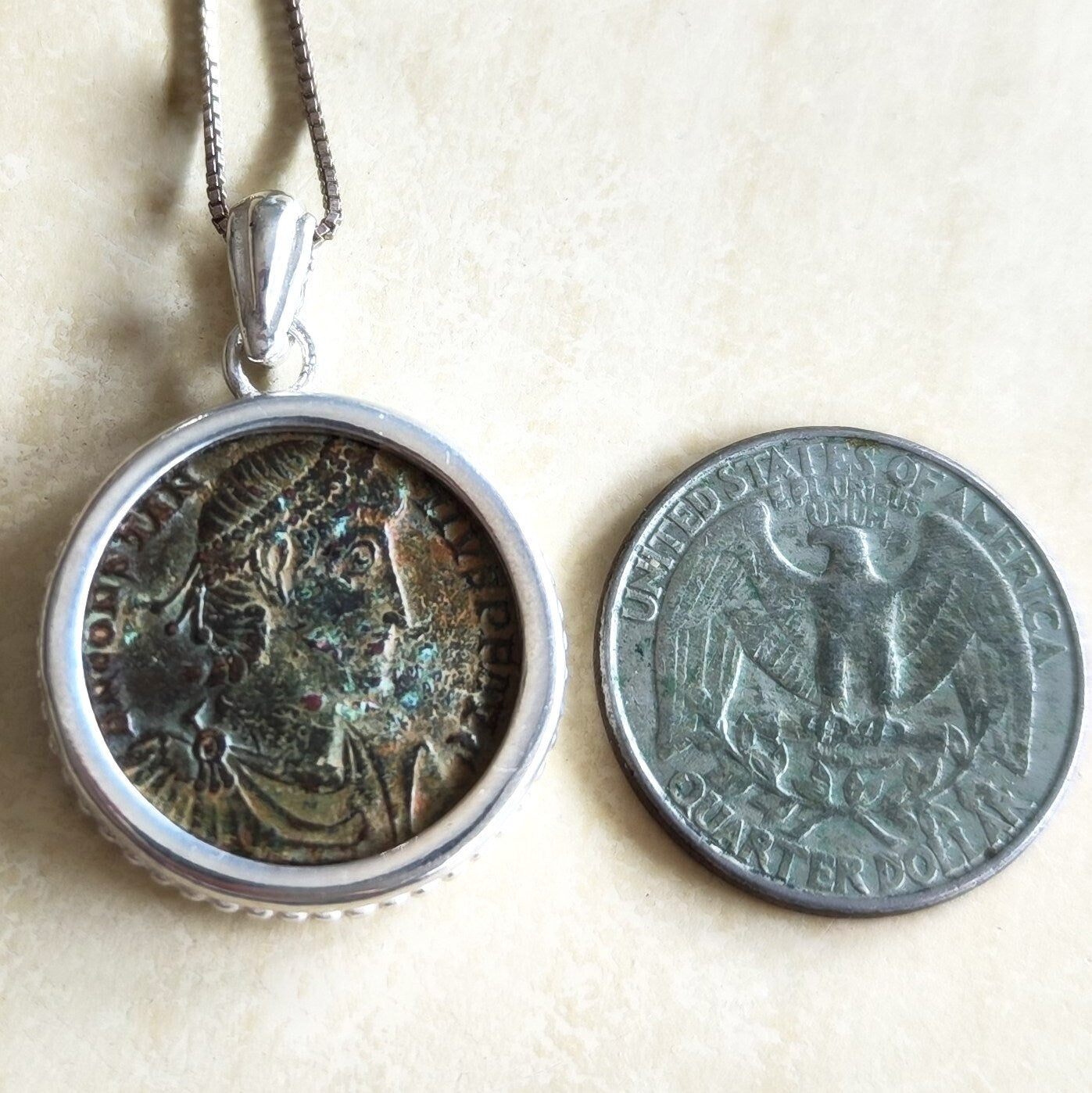 Ancient Roman coin Silver necklace, Certified bronze coin of Emperor Constantius pendant, women unisex medallion, Antique vintage jewelry